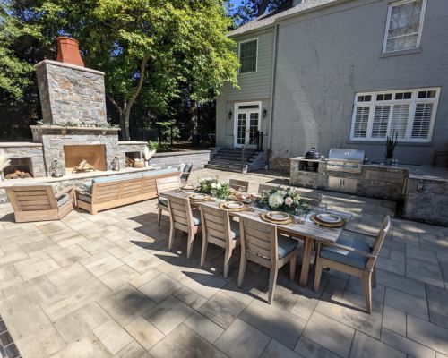 outdoor patio and fire place kitchen - unilock paver patio