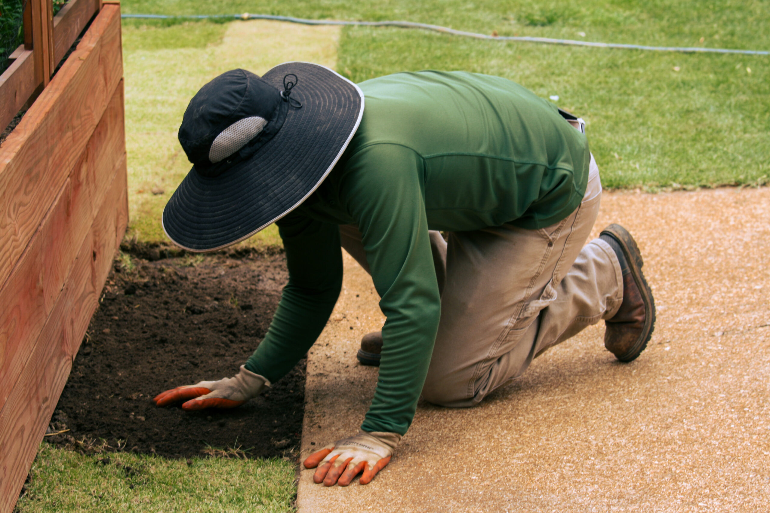 Team member from Quiet Village Landscaping preparing soil for new sod installation by hand along the edge of a pathway in a residential yard.